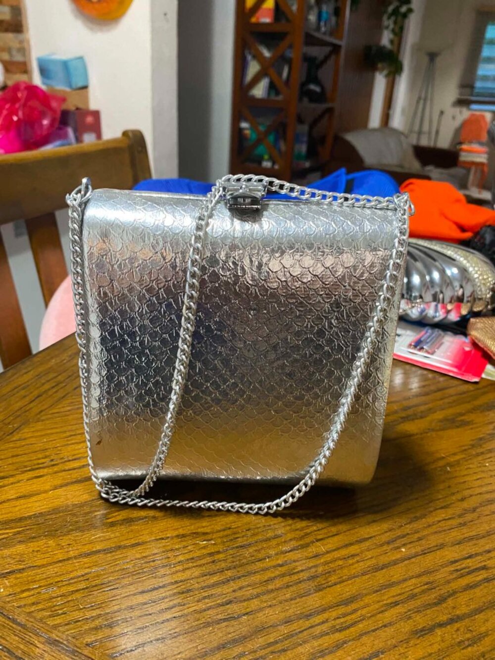 Vintage Silver Snake Skin Pattern Box Clutch | Metallic Chain Evening Bag
